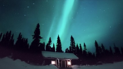 Aurora borealis STEVE phenomenon lights up the night sky above a cozy wilderness cabin in a winter pine forest, timelapse.