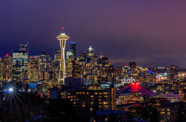 Seattle skyline panorama at sunset from Kerry Park in Seattle