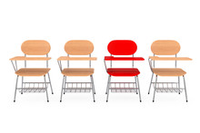 A Single Red Chair In Row Of Wooden Lecture School Or College Desk Table With Chairs. 3d Rendering