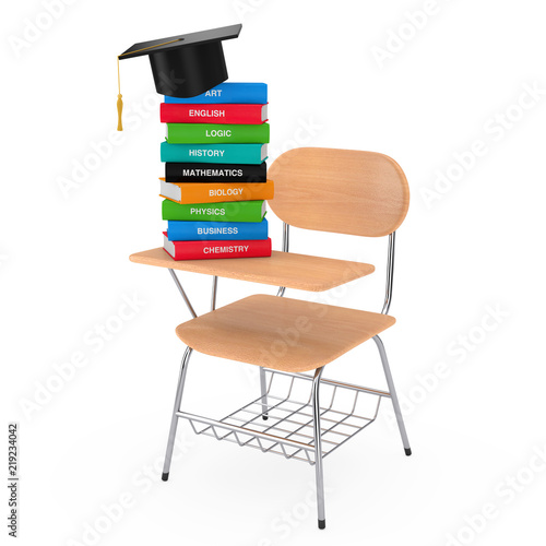 Gaduation Hat With Stack Of Coloured School Books Over Wooden
