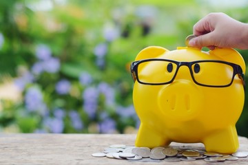 yellow piggy bank  wearing black glasses with coins and kid hand on rustic wood background, kids smart money concept