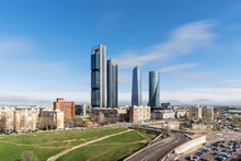 Madrid Cityscape At Daytime. Landscape Of Madrid Business Building At Four Tower. Modern High Building In Business District Area At Spain.