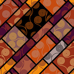 Poster - Seamless brown patchwork pattern. Curly waves pattern in Art Nouveau style. Vector illustration.