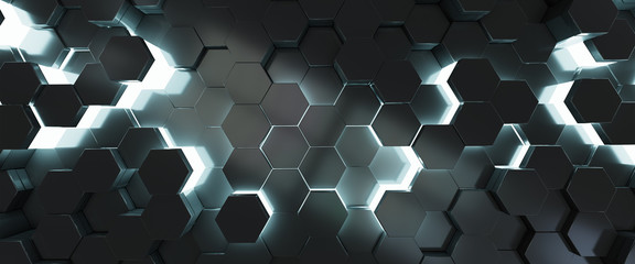 Leinwandbilder - Black and blue hexagons background pattern 3D rendering
