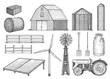 Farm, countryside, rural object collection, illustration, drawing, engraving, ink, line art, vector 