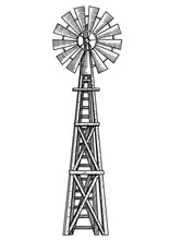 Windmill Illustration, Drawing, Engraving, Ink, Line Art, Vector