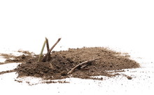 Dirt Pile With Wooden Branches Isolated On White Background, With Clipping Path, Side View