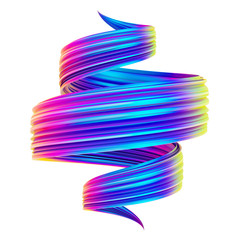 Bright holographic abstract spiral twisted shape 3D brush stroke