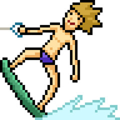 Wall Mural - vector pixel art man play surfboard