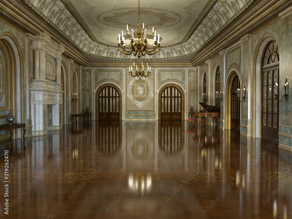3d render of a golden luxury palace interior decorated with white marble and golden decor - obrazy, fototapety, plakaty 