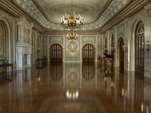 3d Render Of A Golden Luxury Palace Interior Decorated With White Marble And Golden Decor