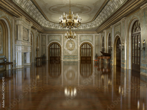 Fotomural 3d render of a golden luxury palace interior decorated with white marble and gol