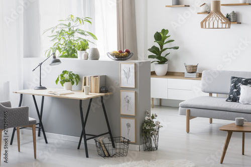 Fotografie, Obraz Real photo of bright living room interior with half-wall with posters and desk w