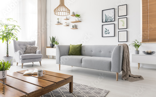 Real Photo Of Grey Sofa With Green Cushion And Blanket