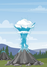 Vector Illustration Of Water Geyser And Steam Erupting From Geyser On Mountains Background. Iceland Landscape With Geyser In Flat Cartoon Style.