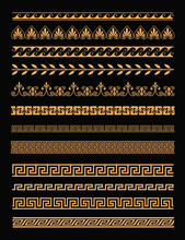 Vector Illustration Set Of Antique Greek Borders And Seamless Ornaments In Golden Color On Black Background In Flat Style. Greece Concept Elements.