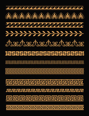 Vector illustration set of antique greek borders and seamless ornaments in golden color on black background in flat style. Greece concept elements.