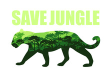 Vector Illustration Of Save Jungle Concept With Jaguar Silhouette And Rainforests Inside. Tropical Rainforest Jungle Background, Save Nature, Ecological Concept.