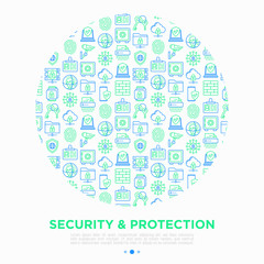 Wall Mural - security and protection concept in circle with thin line icons: mobile security, fingerprint, badge,