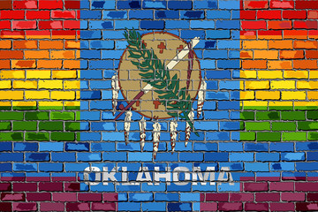 Brick Wall Oklahoma and Gay flags with effect - 3D Illustration,
Rainbow flag on brick textured background, 
Abstract grunge Oklahoma Flag and LGBT flag