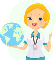 Poster - Girl Teacher Present Globe Illustration