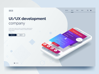 isometric conceptual mobile phone with disassembled user interface. ui, ux development vector illust