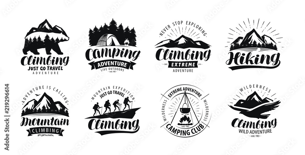 Camping, climbing logo or label. Hiking trip, hike set of icons. Lettering vector - obrazy, fototapety, plakaty 