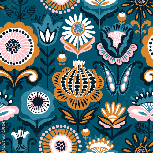 Cotton fabric Folk floral seamless pattern. Modern abstract design