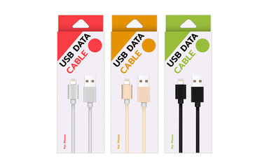 Smart Phone Charger Cable Product box Mockup Isolate on white screen with copy Space for insert text.