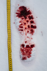 Bloody shoe print in the snow in Finland. Staged crime scene photo. Also shown a yellow tape measure. 