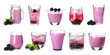 Set with different blackberry drinks on white background