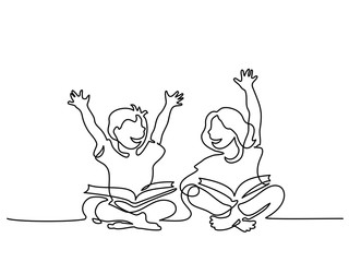 Wall Mural - Continuous one line drawing. Happy kids reading open books sitting on floor. Vector illustration