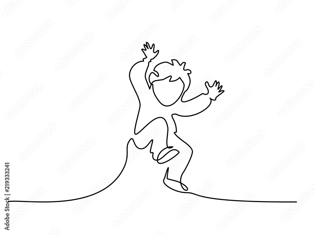 Continuous one line drawing. Happy boy pupil running and jumping ...