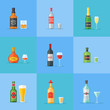 Set of bottles and glasses with alcohol drinks. Whiskey, vodka, cognac, wine, beer, absinthe, tequila, champagne and vermouth. Flat style icons. Vector illustration.