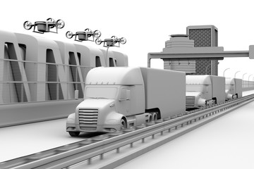 Wall Mural - Clay rendering of fleet of American Trucks, cargo drones driving on the highway. Logistics and transportation concept. 3D rendering image.