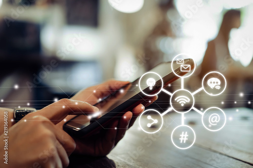 Woman Hand Using Smartphone Or Tablet To Do Business Financial Or - 