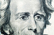 Close up view Portrait of Andrew Jackson on the one twenty dollar bill. Background of the money. 20 dollar bill with Andrew Jackson eyes macro shot. Money background. Face portrait
