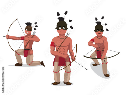 Native American Archer Poses Cartoon Vector Illustration