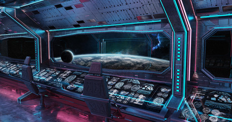 Grunge Spaceship interior with view on planet Earth 3D rendering