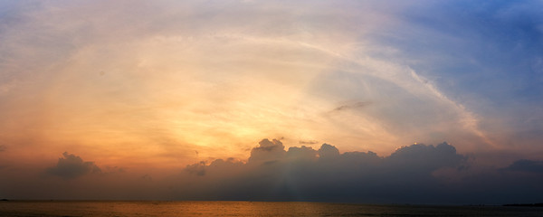 Wall Mural - panoramic sunset with fluffy clouds in the twilight sky,sunlight with dramatic cloud over sea