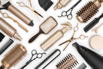 full frame of professional hair dresser tools on white background