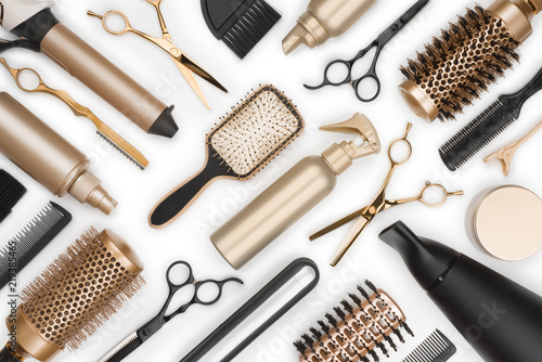 Cuadros en Lienzo Full frame of professional hair dresser tools on white background