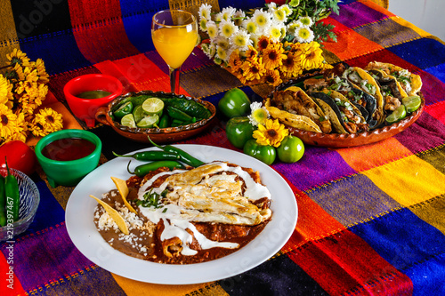 Fotografie, Obraz Enchiladas de mole con pollo y tacos de carnitas, comida mexicana en una mesa co