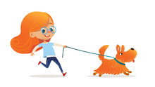 Funny Little Girl With Red Hair And Glasses Walking Puppy On Leash. Amusing Redhead Kid And Dog Isolated On White Background. Child Pet Owner On Promenade. Flat Cartoon Colorful Vector Illustration.