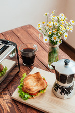 Good Morning. Breakfast. Toast With Coffee. Toaster, Turkish, Flowers On A Wooden Table. Vertical Photo