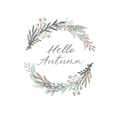 Wall Mural - Hello Autumn calligraphy text. Autumn greeting card, postcard, poster, banner template with autumn leaves. Vector illustration isolaten on white background.