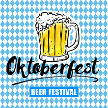 Oktoberfest Flyer, Lettering And Mug Of Beer On Blue Traditional Background. Festival Template Celebration. Vector Illustration, Design Element For Congratulation Cards, Print, Banners And Others