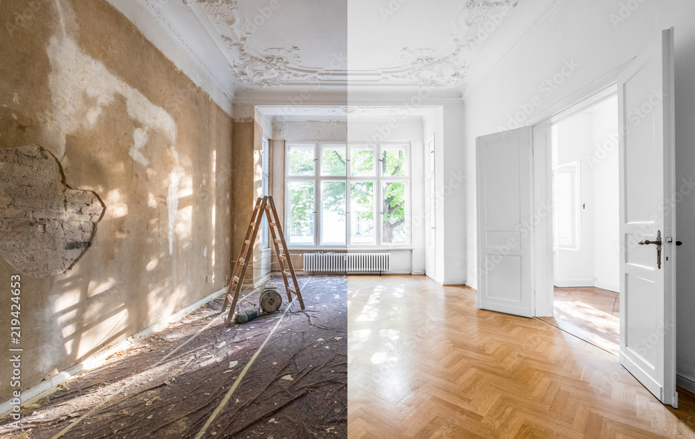 renovation concept - apartment before and after restoration or refurbishment - obrazy, fototapety, plakaty 