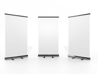 Wall Mural - Outdoor Advertising Stand Banner (empty roll-up poster) - mockup template on gray background. 3D rendering