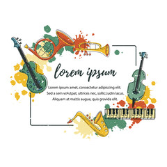 Template for music festival, jazz party, invitation, greeting card, concert poster. Vector illustration with saxophone, piano, violin, french horn, drum, guitar, trumpet. Flat style.